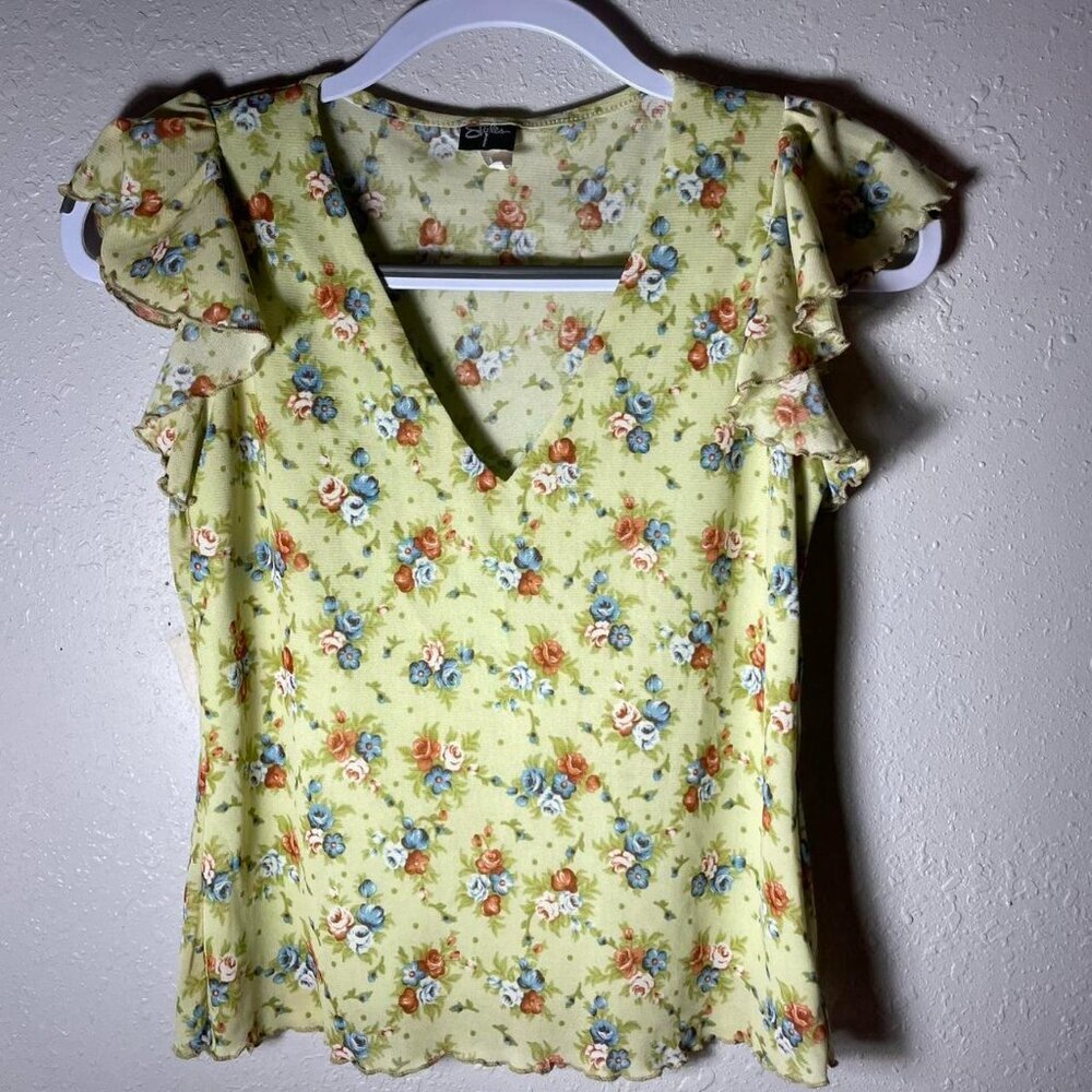 VTG Y2K Styles Green Mesh Floral Lettuce Trim Blouse Sz M